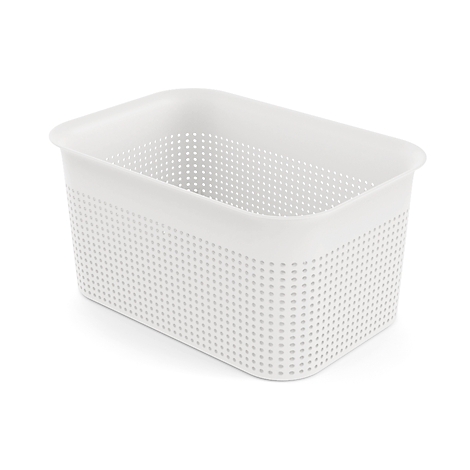 White, rectangular basket with a hole pattern, on a white background.