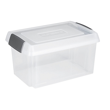 Transparent storage box with gray closure and lid.