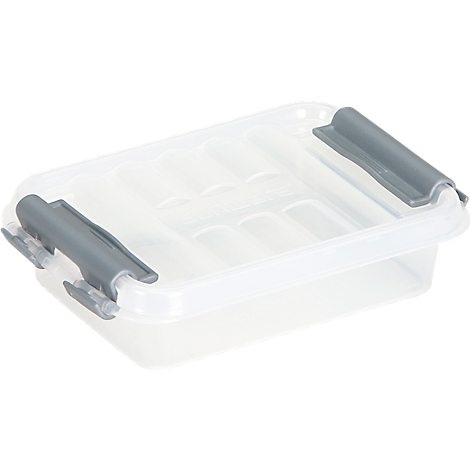 Transparent plastic box with gray lid and clasp. The lid has a ribbed surface.