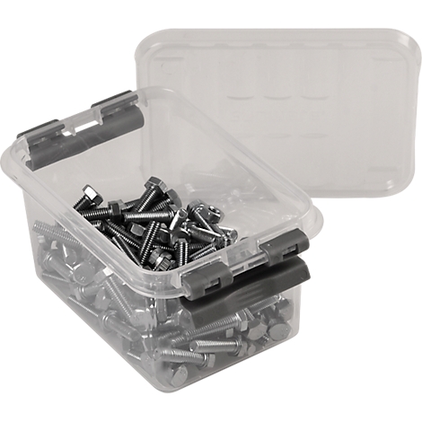 Clear plastic box with screws, lid next to it. Gray closures.