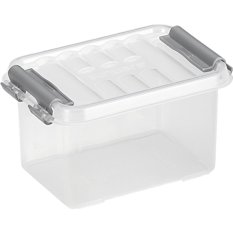 Clear storage box with a grey lid and latches. "Sunware" is written on the top.
