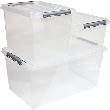 Three transparent plastic boxes with gray closures, stacked.