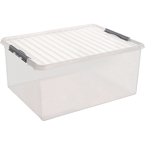 Transparent storage box with ribbed lid and gray clasps.
