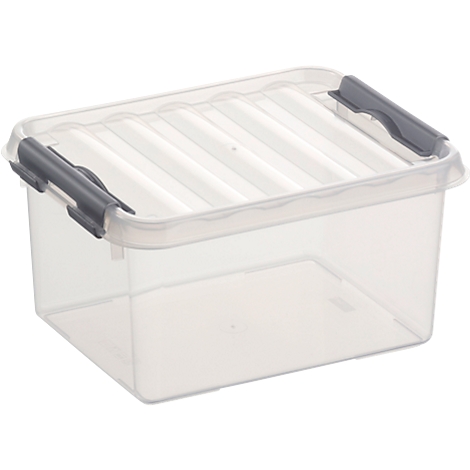 Transparent plastic box with grey lid and closures. View of the top, with lid and closures closed.