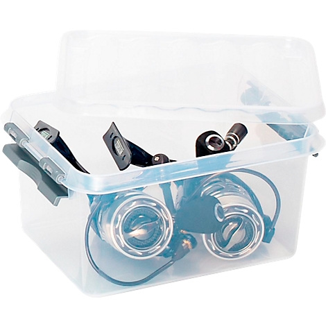 Transparent box with fishing accessories, lid half open. Two reels, rod holder and other accessories inside.