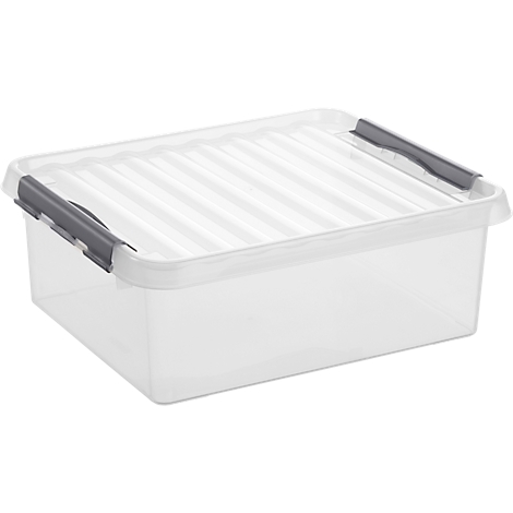 Transparent storage box with lid and gray closures.