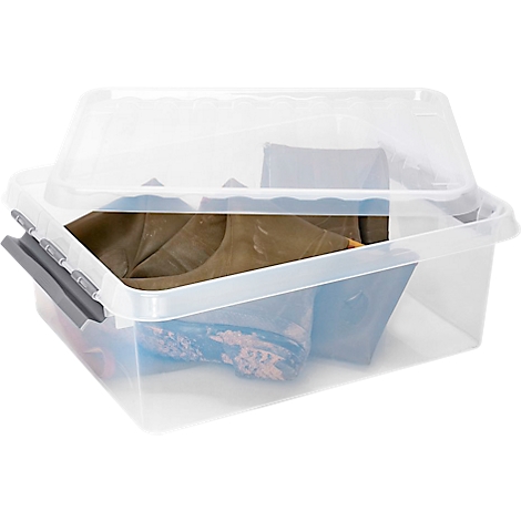 Transparent storage box with lid, filled with boots.