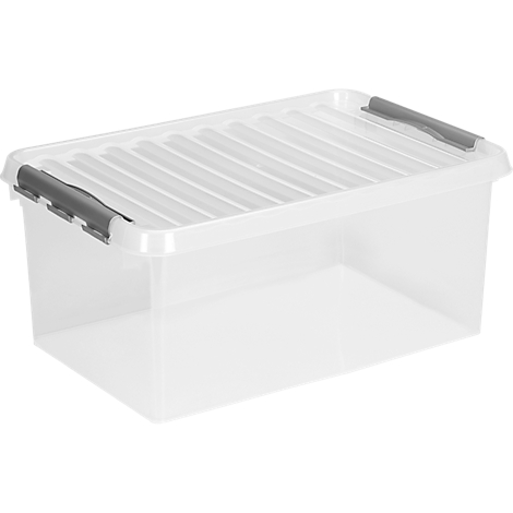 Transparent plastic box with lid and grey handles. The lid has ribs.