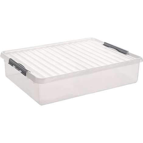 Transparent plastic box with lid and gray handles. The lid has a ribbed surface.