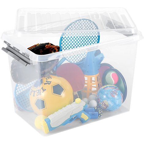 Transparent plastic box filled with sports equipment like balls, rackets, and a water gun.
