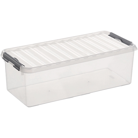 Transparent storage box with a gray lid and clips.