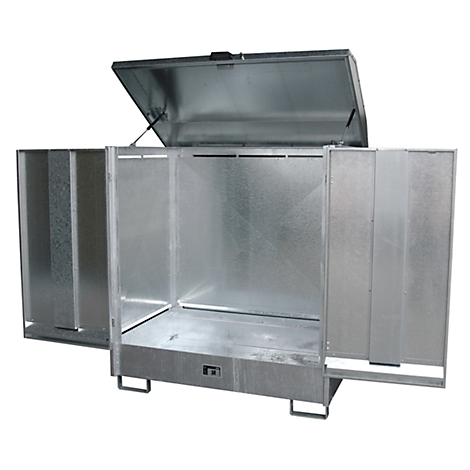 Open metal box with lid and side parts that can be opened. The box stands on small feet.