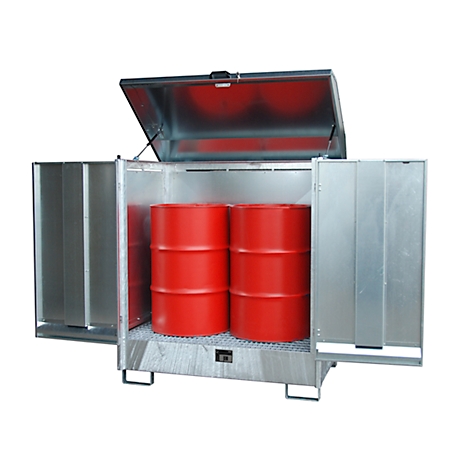 Steel container with open doors and lid. Two red barrels inside.