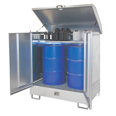 Open steel cabinet with blue barrels and black canisters.
