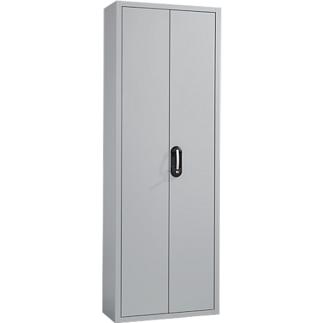 Gray, tall filing cabinet with two doors. An elongated handle in the middle. Metal structure.