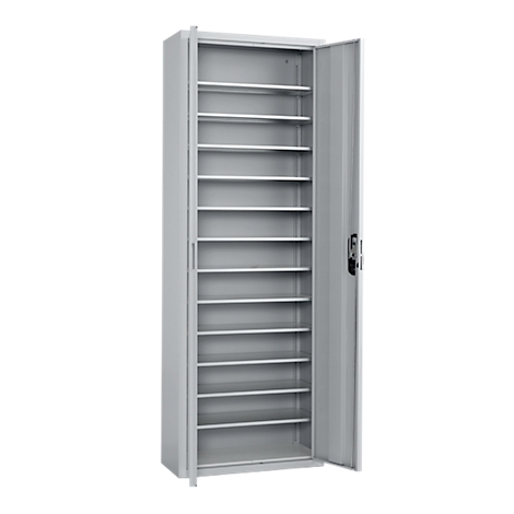 Grey tall filing cabinet with open doors. Inside are many shelves.