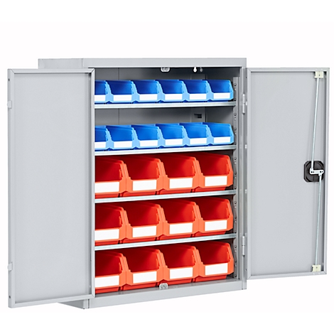 Grey cabinet with open doors, filled with blue and red containers.
