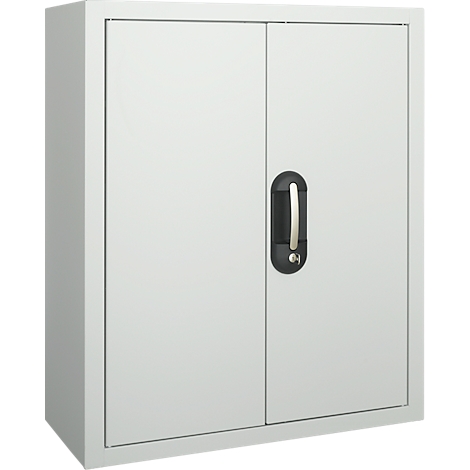 A gray cabinet with two doors. A black handle with silver accents is mounted in the middle.