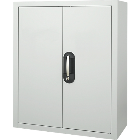 Gray metal cabinet with two doors and a black handle.