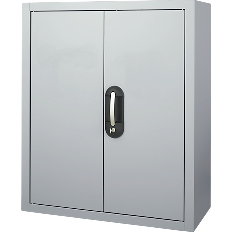 Grey cabinet with two doors and a handle with a keyhole.