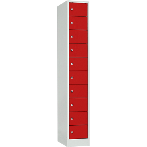Tall white cabinet with 8 red doors, each with silver knobs.