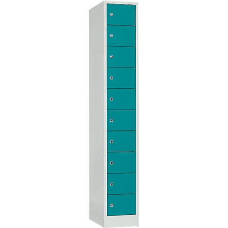 A tall, white cabinet with eight teal doors, each with a silver handle.