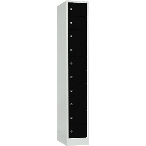 Cabinet with white frame and black doors. Each door has a silver handle. The cabinet is narrow and tall.