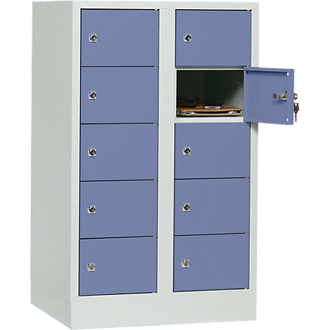Blue and white locker with open door. Items are in the open compartment.