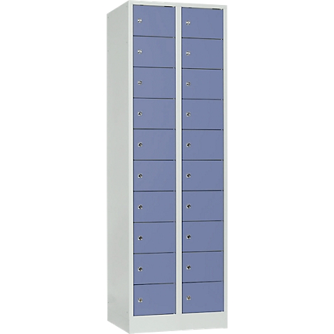 A tall cabinet with blue doors, divided into multiple compartments.