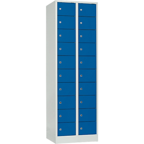 A white cabinet with two rows of blue lockers with silver handles.