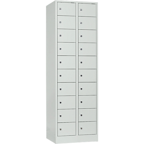 A white locker with two columns, each with 10 doors, all with small knobs.