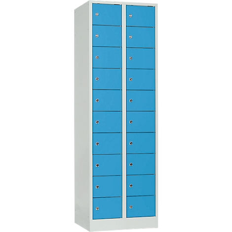 Tall cabinet with blue doors. Several compartments, each with keyhole.