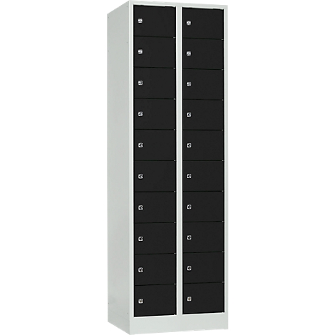White locker with black doors, many compartments, silver handles.