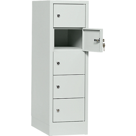 Gray cabinet with four drawers and one open compartment. An open compartment shows a lock with a key.