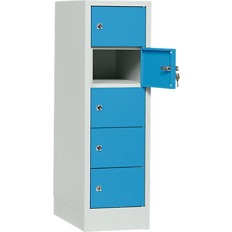 Cabinet with blue doors, one open, keys inserted.