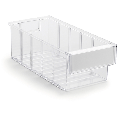 Clear plastic storage bin with multiple compartments and a label field.