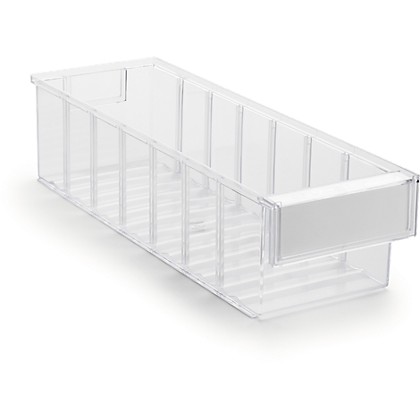 Transparent plastic box with white label. In diagonal perspective. Clear structure and vertical struts.