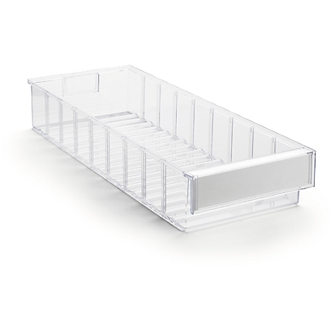 Transparent plastic box with dividers and a white label field.