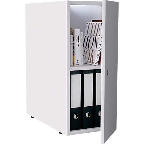White cabinet with open door. Inside are folders and books.