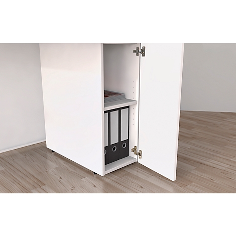 Open white cabinet, with two black binders on a shelf. The door is open.