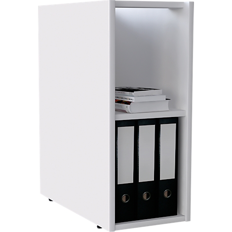 White shelf with three black folders, books, and open top shelf.