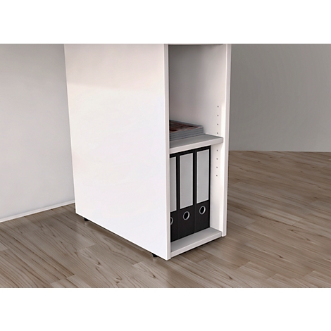 Cabinet with file folders and papers on a wooden floor.