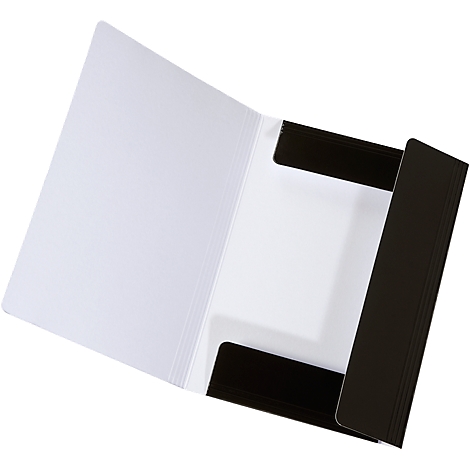 An open file folder, white with black closure tabs, showing the inside.