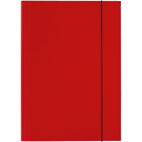 Red notebook with black elastic band closure.
