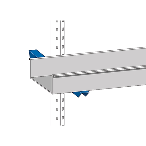 Detailed image of a gray metal shelf with blue brackets attached.