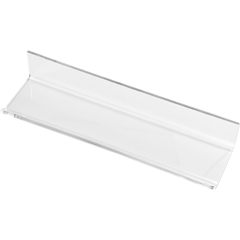 Clear, transparent acrylic price tag holder in an angled shape, for displaying price tags.