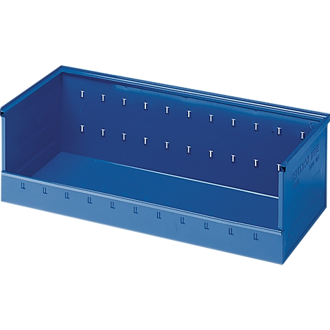 Blue rectangular storage box. Screws are on the inside. There is lettering on the side.