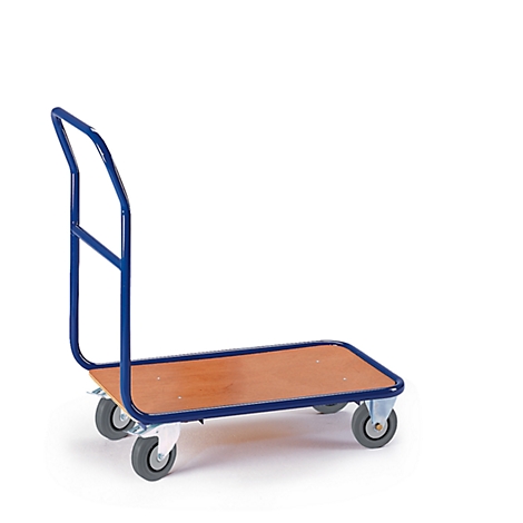 A blue cart with a wooden platform and four gray wheels. The handle is also blue.
