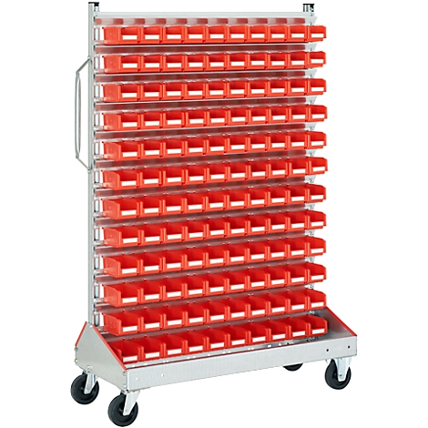 Rolling cart with red storage bins. A silver frame with many rows of red bins. Wheels at the bottom.
