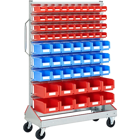 Tool cart with red and blue drawers. Drawers arranged in rows, on castors.